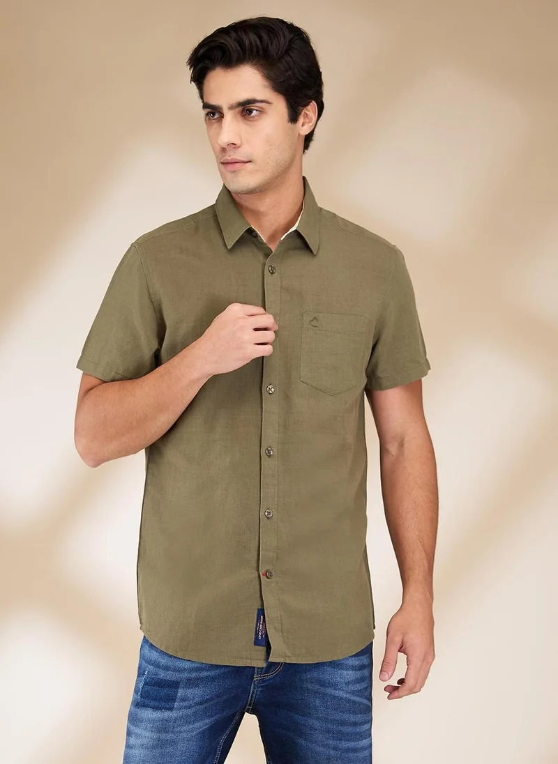 بيينغ هيومان Men Classic Spread Collar Solid Cotton Linen Casual Shirt