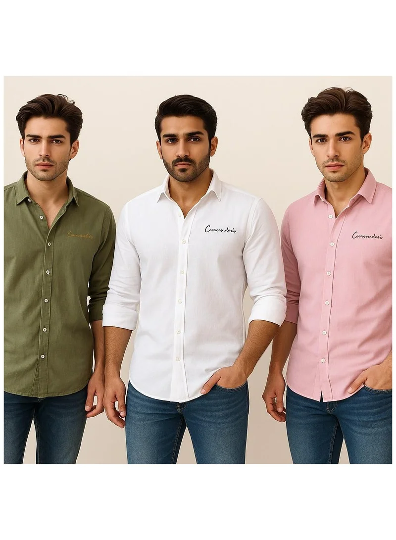 ثوجفيت طقم 3 قمصان كتان فاخرة أبيض + أخضر + وردي