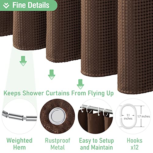 Dynamene Extra Long Shower Curtain - 96 Inch Long Waffle Weave Weighted Thick Cloth Bathroom Shower Curtain, Neutral Heavy Duty Hotel Bath Curtain Set with 12 Plastic Hooks,72x96, Brown - Image 5