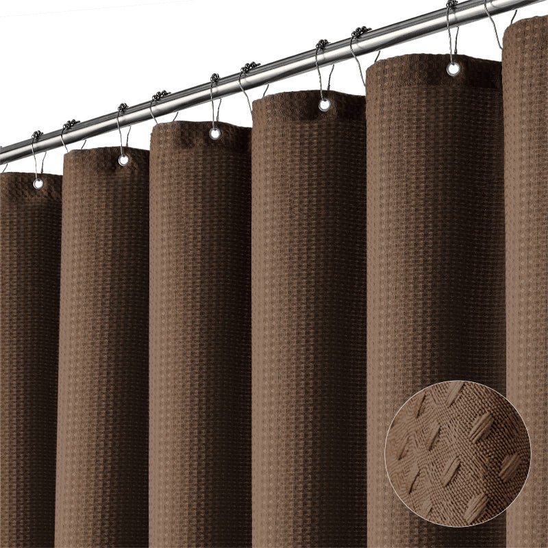 Dynamene Extra Long Shower Curtain - 96 Inch Long Waffle Weave Weighted Thick Cloth Bathroom Shower Curtain, Neutral Heavy Duty Hotel Bath Curtain Set with 12 Plastic Hooks,72x96, Brown - Image 2