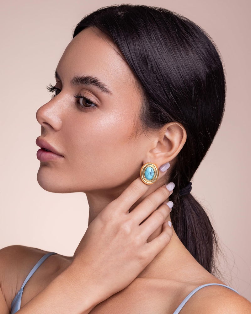 SNGIA 18K Gold Plated Medium Blue Teal Turquoise Oval Button Chunky Statement Earrings for Women by SNGIA, (Created Turquoise, Carnelian, Aventurine, Amethyst, Malachite, Cat Eye, White, Cream) Bold Handmade Colored (Red, Blue, Green, White, Cream, Purple) Exaggerated Dome Retro Rounded Button Trendy Bohemian Gemstone Stud Jewelry Gifts, Unique Vintage Baroque Stone Summer Beach Fashion Earrings Accessories, Round Thick Circular Nickle Free Huggies Earrings. - Image 2