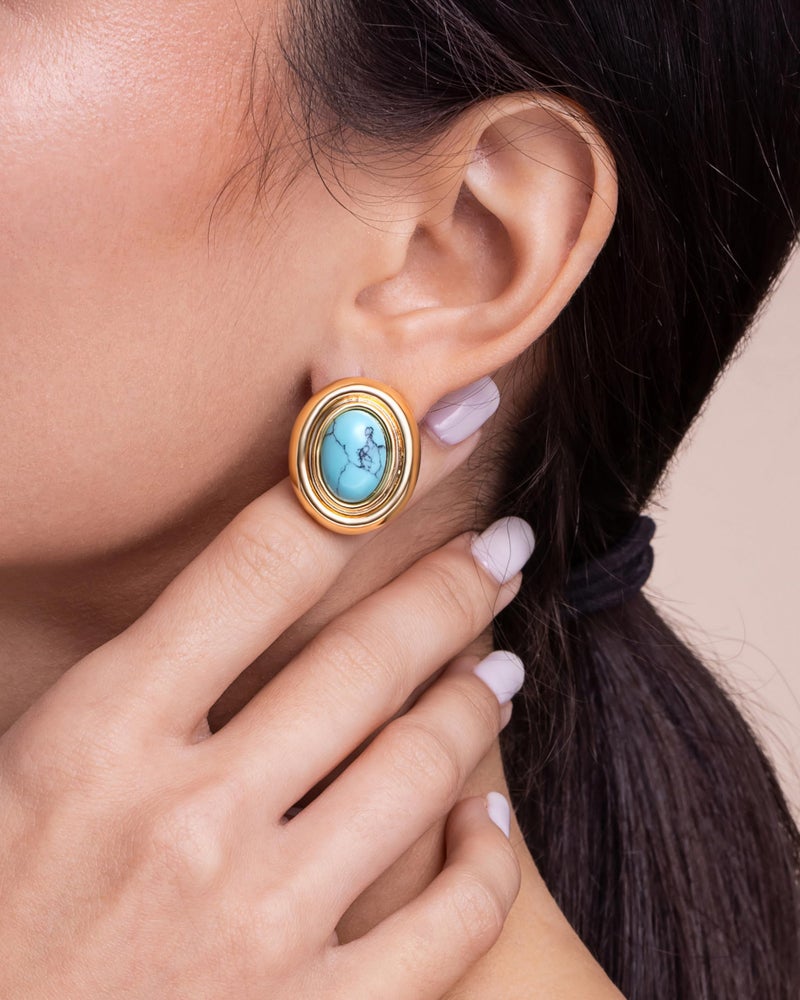 SNGIA 18K Gold Plated Medium Blue Teal Turquoise Oval Button Chunky Statement Earrings for Women by SNGIA, (Created Turquoise, Carnelian, Aventurine, Amethyst, Malachite, Cat Eye, White, Cream) Bold Handmade Colored (Red, Blue, Green, White, Cream, Purple) Exaggerated Dome Retro Rounded Button Trendy Bohemian Gemstone Stud Jewelry Gifts, Unique Vintage Baroque Stone Summer Beach Fashion Earrings Accessories, Round Thick Circular Nickle Free Huggies Earrings. - Image 3