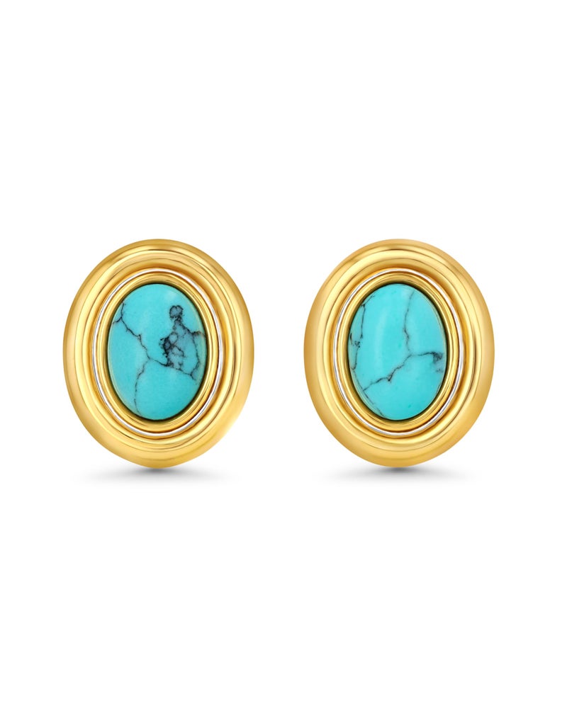 SNGIA 18K Gold Plated Medium Blue Teal Turquoise Oval Button Chunky Statement Earrings for Women by SNGIA, (Created Turquoise, Carnelian, Aventurine, Amethyst, Malachite, Cat Eye, White, Cream) Bold Handmade Colored (Red, Blue, Green, White, Cream, Purple) Exaggerated Dome Retro Rounded Button Trendy Bohemian Gemstone Stud Jewelry Gifts, Unique Vintage Baroque Stone Summer Beach Fashion Earrings Accessories, Round Thick Circular Nickle Free Huggies Earrings. - Image 1