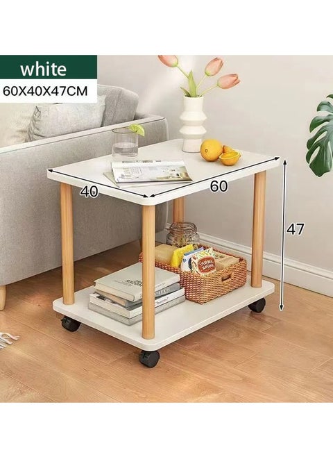 Mobile double-layer edge table, modern coffee table with MDF board and solid wood legs, suitable for living room and bedroom assembly without tools, warm white 60*40*47cm