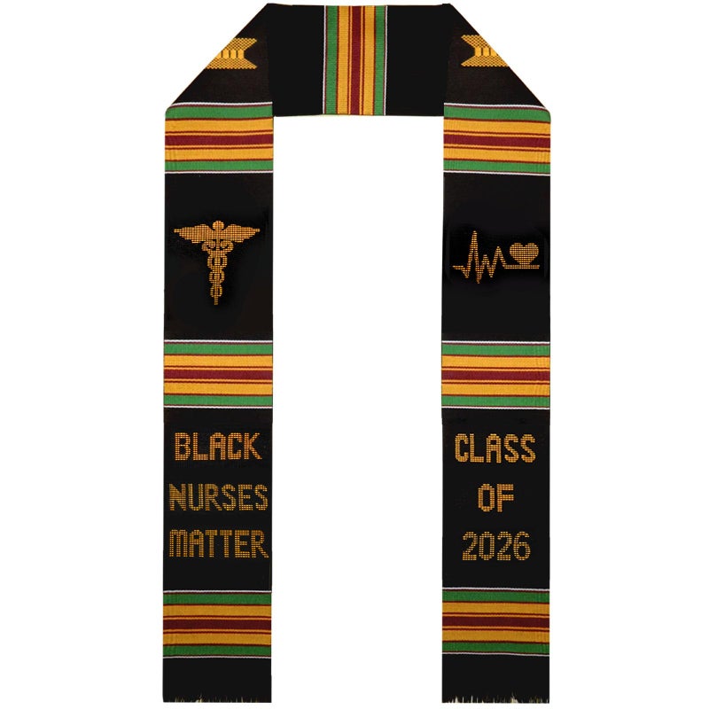 Ramciyo Black Nurse Matter Graduation Stoles, Black Kente Sash Embroidery Graduation, College Graduation Stoles, 2026 Nursing School Graduation Gifts - Image 1