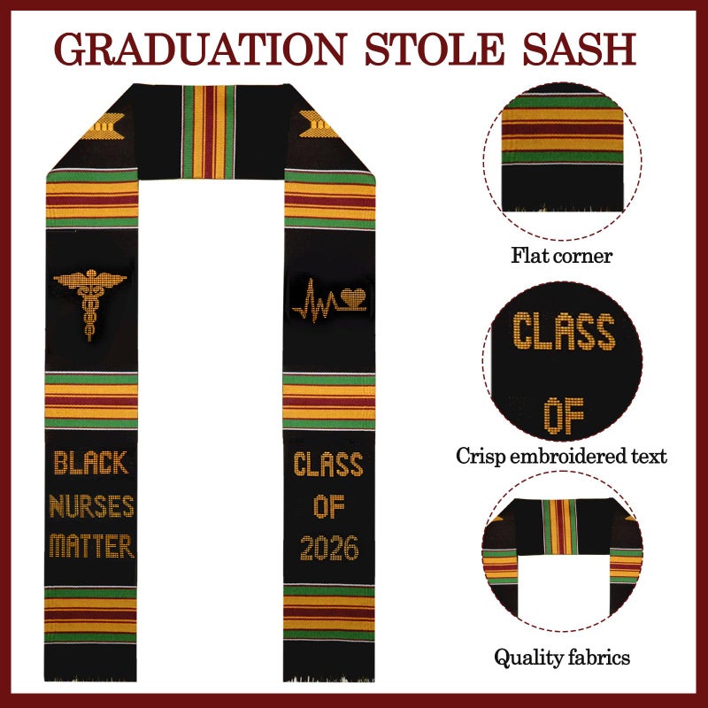 Ramciyo Black Nurse Matter Graduation Stoles, Black Kente Sash Embroidery Graduation, College Graduation Stoles, 2026 Nursing School Graduation Gifts - Image 3