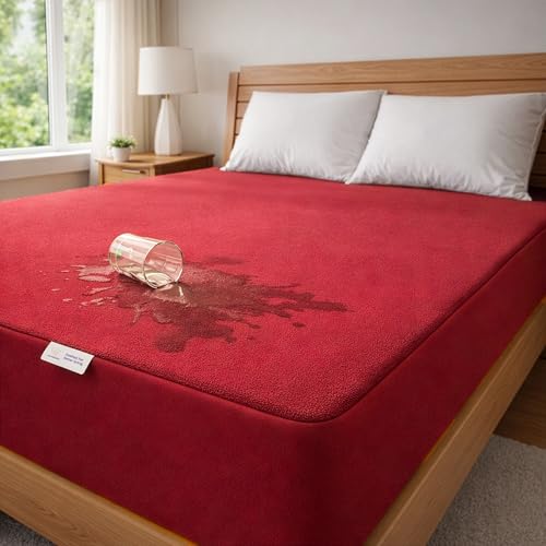 MY ARMOR Waterproof Terry Cotton Feel Mattress Protector for Single Bed 72"x36" | 6x3 feet, Colour - Maroon - Image 1