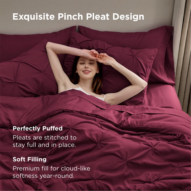 Bedsure King Size Comforter Set Burgundy - Bed in a Bag Bedding Set 7 Pieces, GentleSoftâ„¢ Pintuck Bed Set Gift for Family, Pinch Pleat Burgundy Comforter with Sheets, Pillowcases & Shams - Image 3