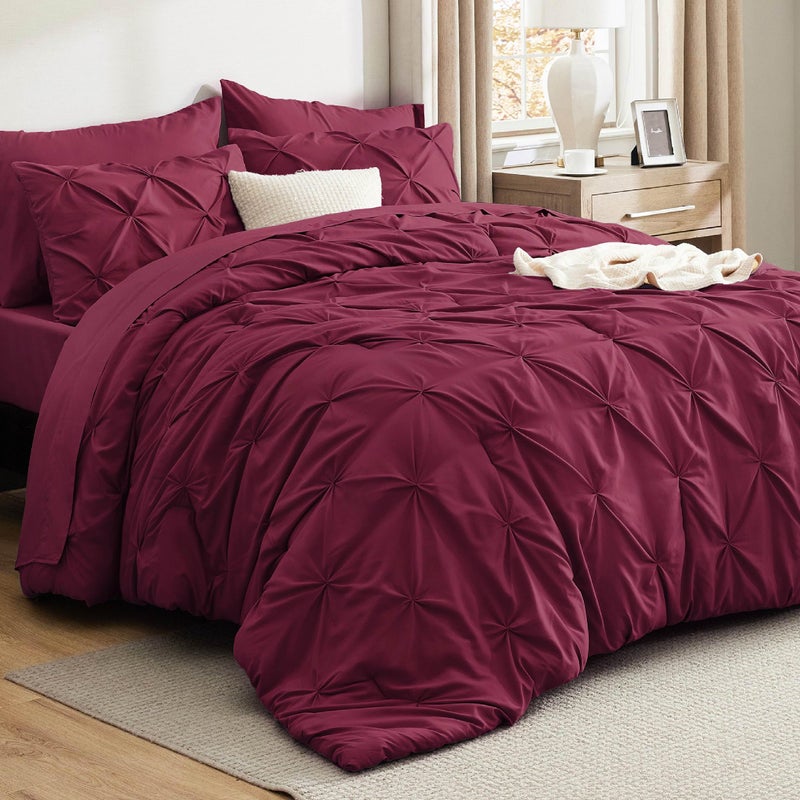 Bedsure King Size Comforter Set Burgundy - Bed in a Bag Bedding Set 7 Pieces, GentleSoftâ„¢ Pintuck Bed Set Gift for Family, Pinch Pleat Burgundy Comforter with Sheets, Pillowcases & Shams - Image 1