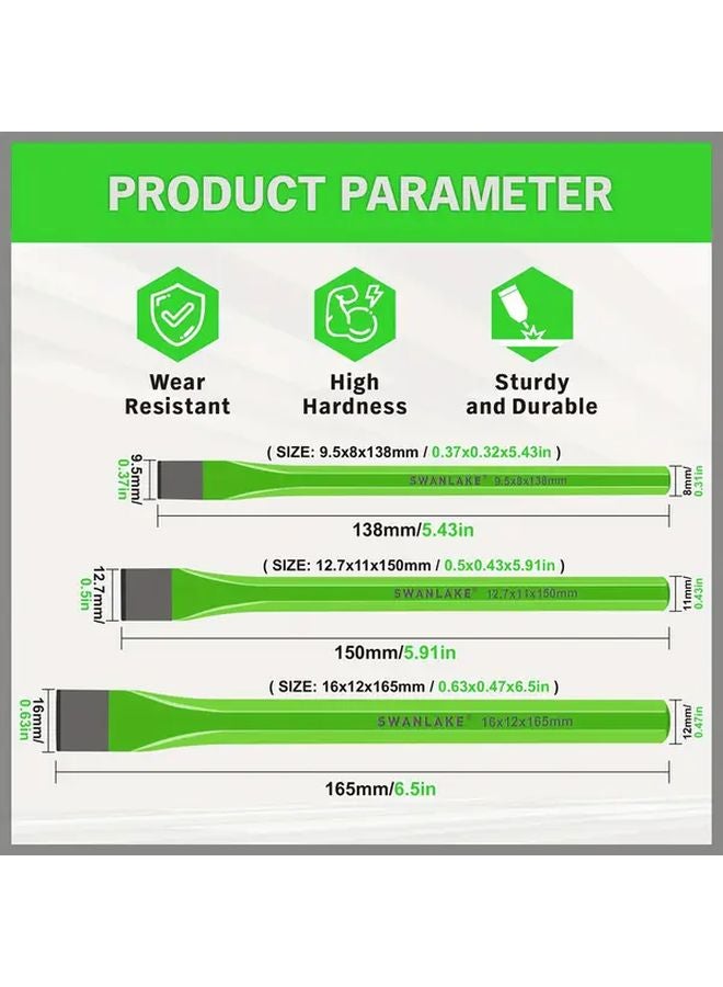 SWANLAKE 3pcs Heavy Duty Cold Chisel Set Premium Carbon Steel 3 8 1 2 5 8 Inch - Image 3