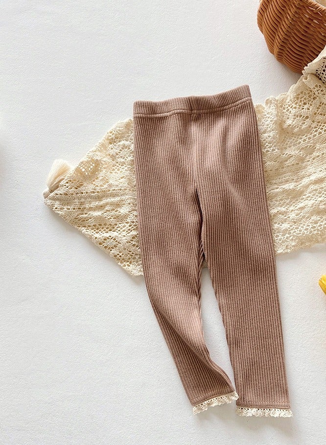 Loquat Girls Thermal Underwear Pants Cotton Soft Long Johns Base Layer Bottom Kid's Lace Splicing Pants Brown 