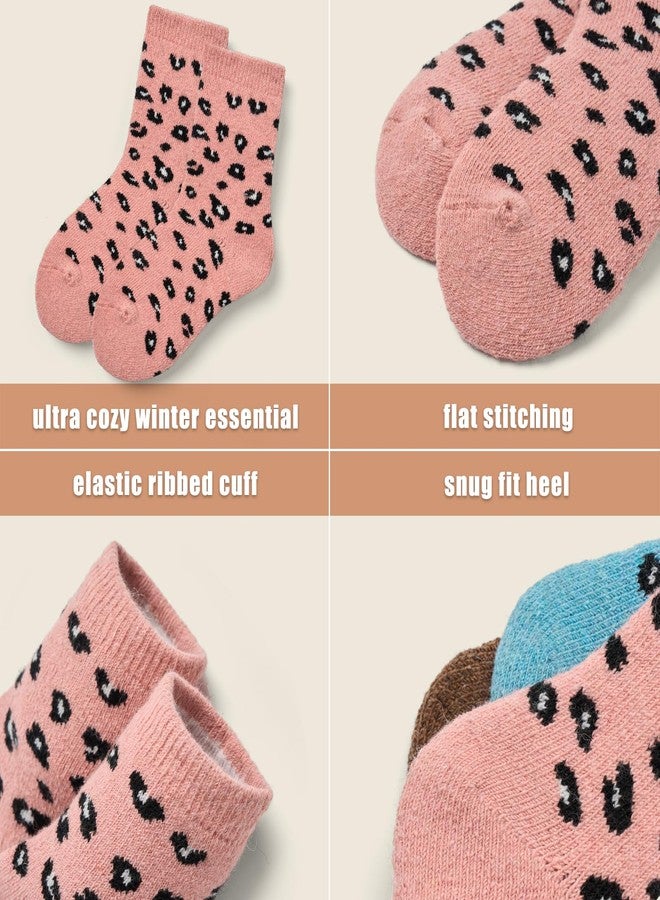 Aisyee Girls Wool Socks Kids Winter Warm Socks Thick Thermal Crew Socks 6 Pairs Cute Leopard 4-6 Years - Image 4
