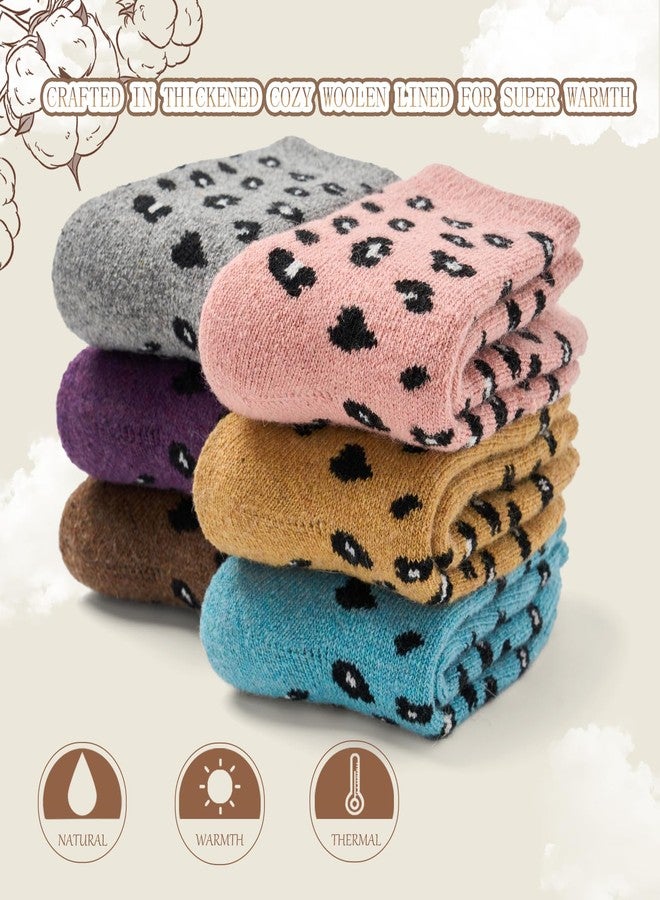 Aisyee Girls Wool Socks Kids Winter Warm Socks Thick Thermal Crew Socks 6 Pairs Cute Leopard 4-6 Years - Image 5