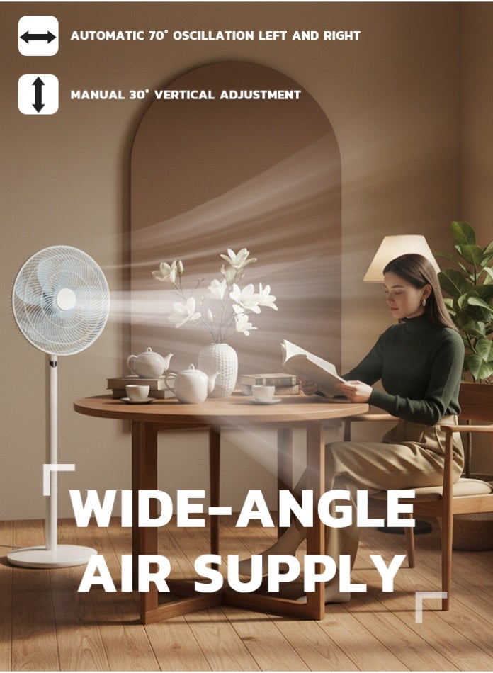 في ماكس مروحة أرضية مقاس 14 بوصة مع جهاز تحكم عن بعد - تدفق هواء عالي بقوة 45 واط، تصميم صامت بثماني شفرات، تذبذب تلقائي بزاوية 70 درجة، إمالة رأسية بزاوية 30 درجة، وظيفة إيقاف مؤقت - موفرة للطاقة - Image 5