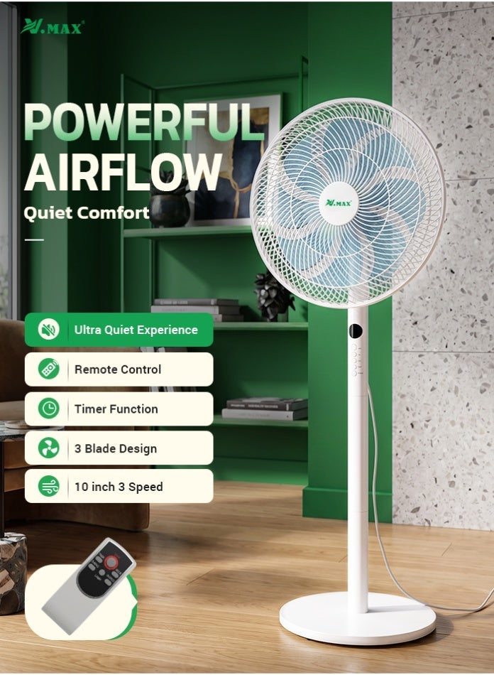 Vmax 14 Inch Standing Fan with Remote Control, 45W Silent Pedestal Fan, 8 Blades, 3 Speeds, Oscillating Floor Fan with Timer & Adjustable Tilt for Bedroom, Living Room, Office & Home - Image 1