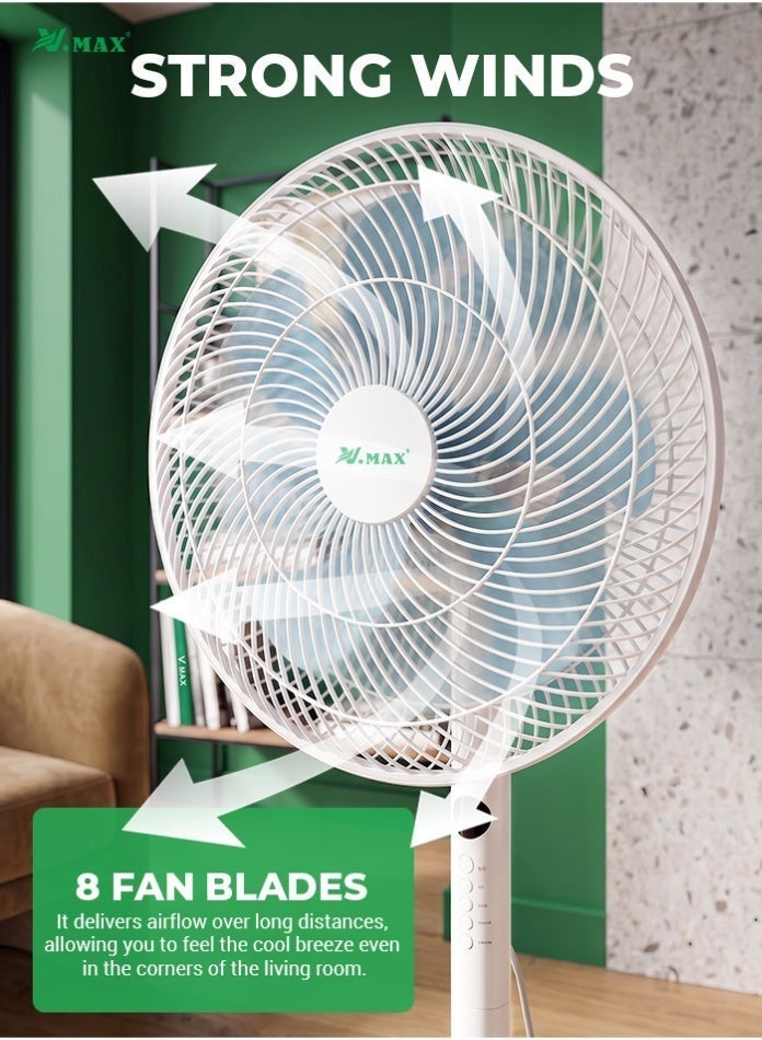 Vmax 14 Inch Standing Fan with Remote Control, 45W Silent Pedestal Fan, 8 Blades, 3 Speeds, Oscillating Floor Fan with Timer & Adjustable Tilt for Bedroom, Living Room, Office & Home - Image 3