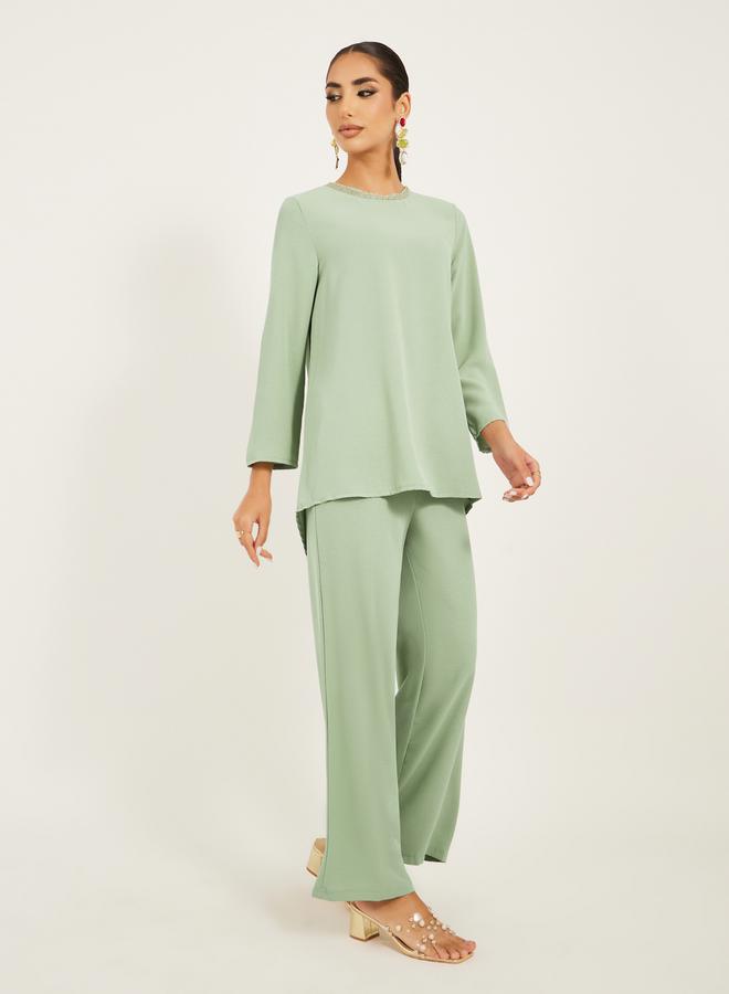 Styli 3/4th sleeve length long top with gold lace trims and wide leg pants modest set  - Image 2