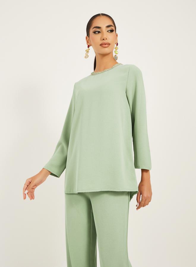 Styli 3/4th sleeve length long top with gold lace trims and wide leg pants modest set  - Image 3