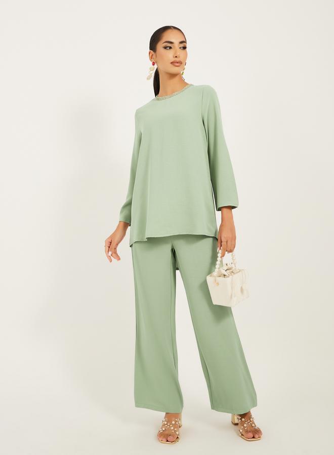 Styli 3/4th sleeve length long top with gold lace trims and wide leg pants modest set  - Image 1