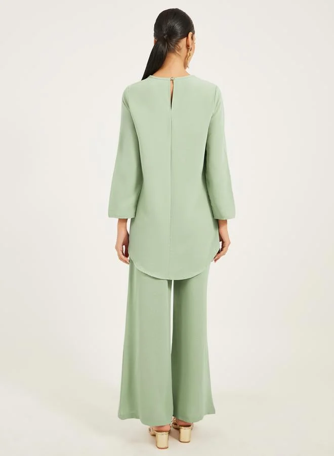Styli 3/4th sleeve length long top with gold lace trims and wide leg pants modest set