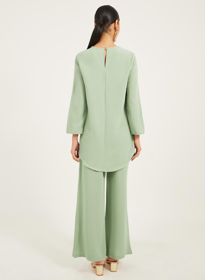 Styli 3/4th sleeve length long top with gold lace trims and wide leg pants modest set  - Image 5