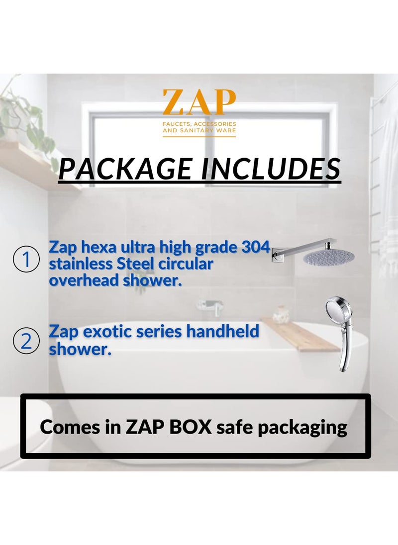 ZAP ZAP COMBO of Hexa Ultra High Grade 304 SS Polished Circular Overhead Shower with Rod and Exotic Series Handheld Shower for Bathroom  - Image 4