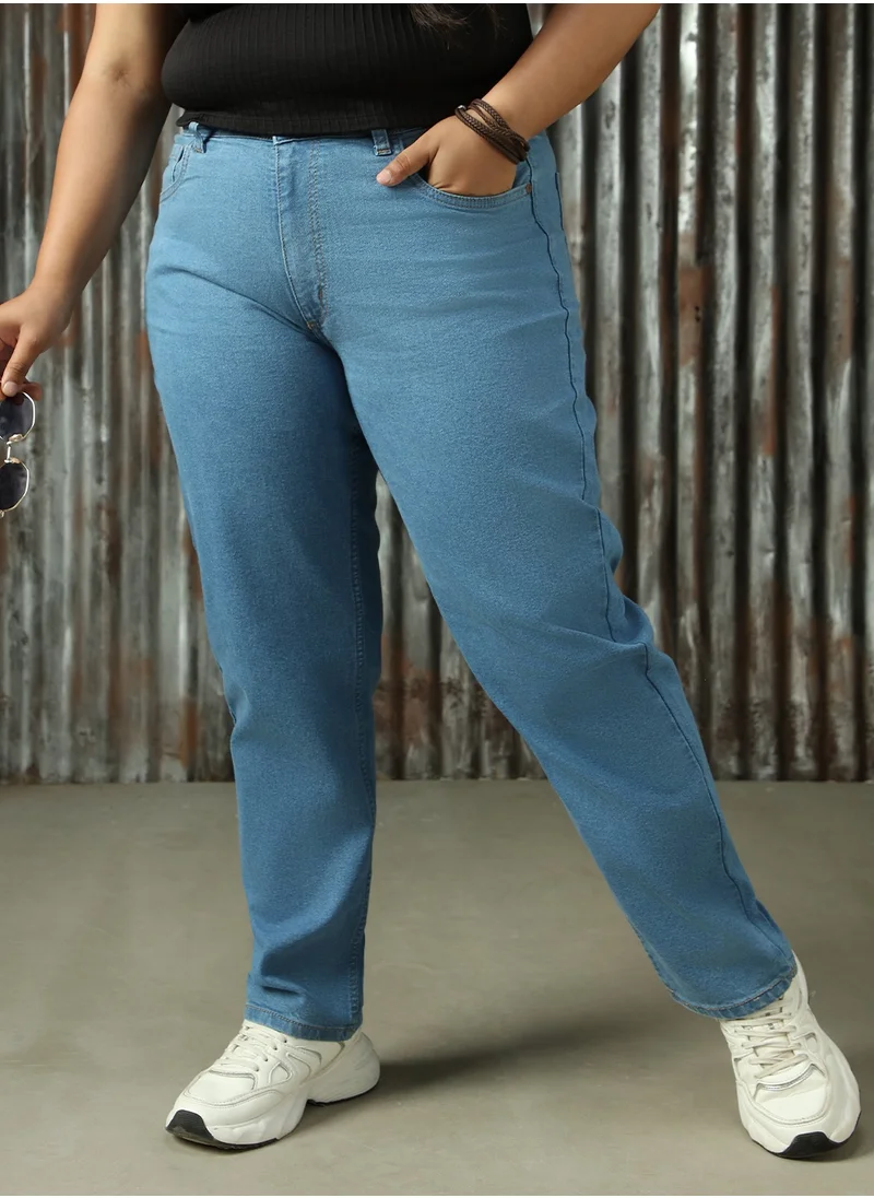 هاي ستار Women's Indigo Cotton Blend Distressed Plus Size Jeans