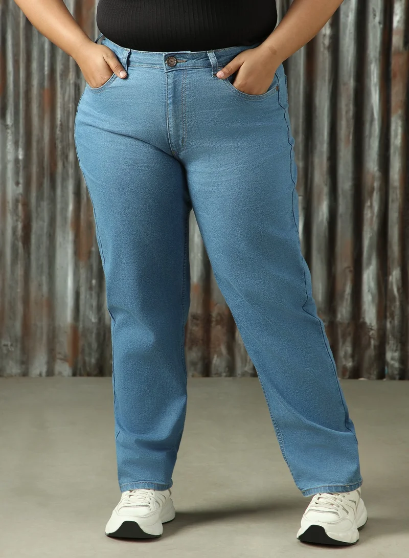 HIGH STAR Women's Indigo Cotton Blend Distressed Plus Size Jeans