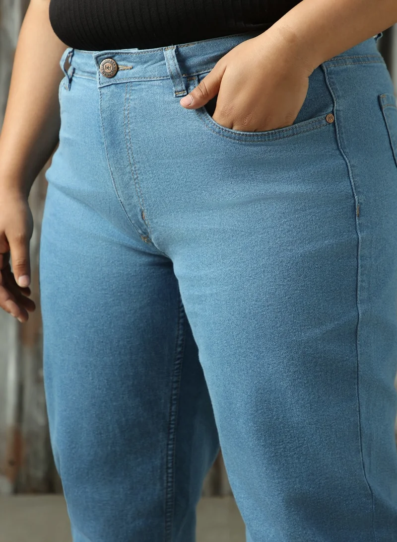 HIGH STAR Women's Indigo Cotton Blend Distressed Plus Size Jeans