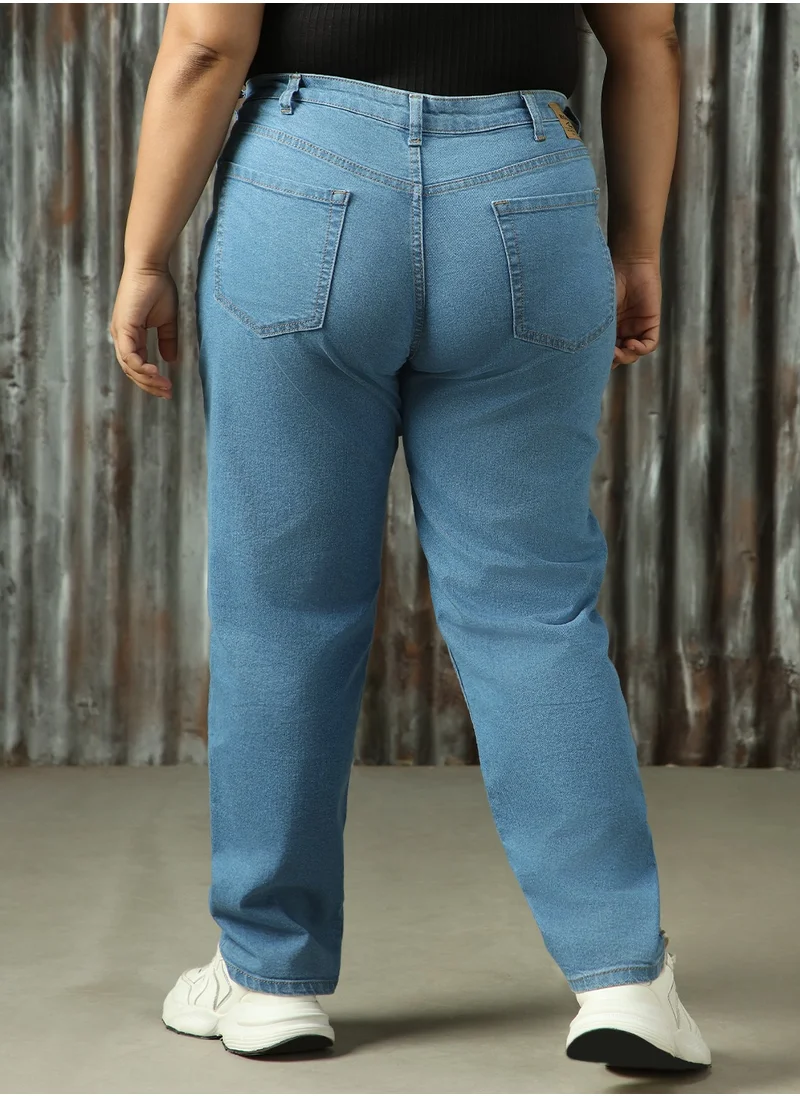 هاي ستار Women's Indigo Cotton Blend Distressed Plus Size Jeans