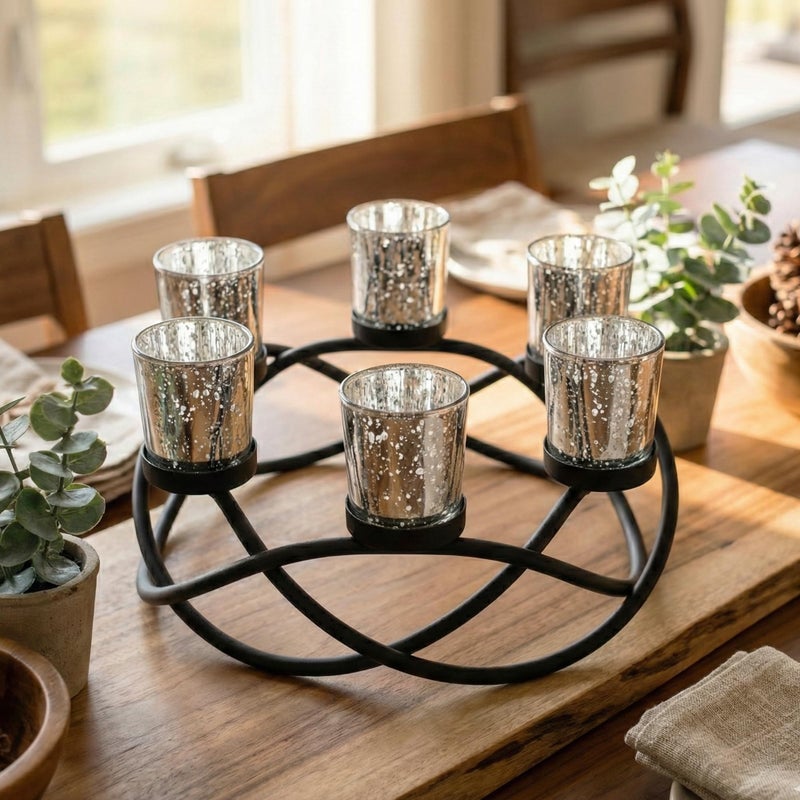 Seraphic Iron Round Table Decor Christmas Centerpiece Decorations Candle Holder for Weddings, Outdoor Patio, Dining Room, and Coffee Tables, Glass Votive Tealight Holders, Black, 6 Silver Cups - Image 2