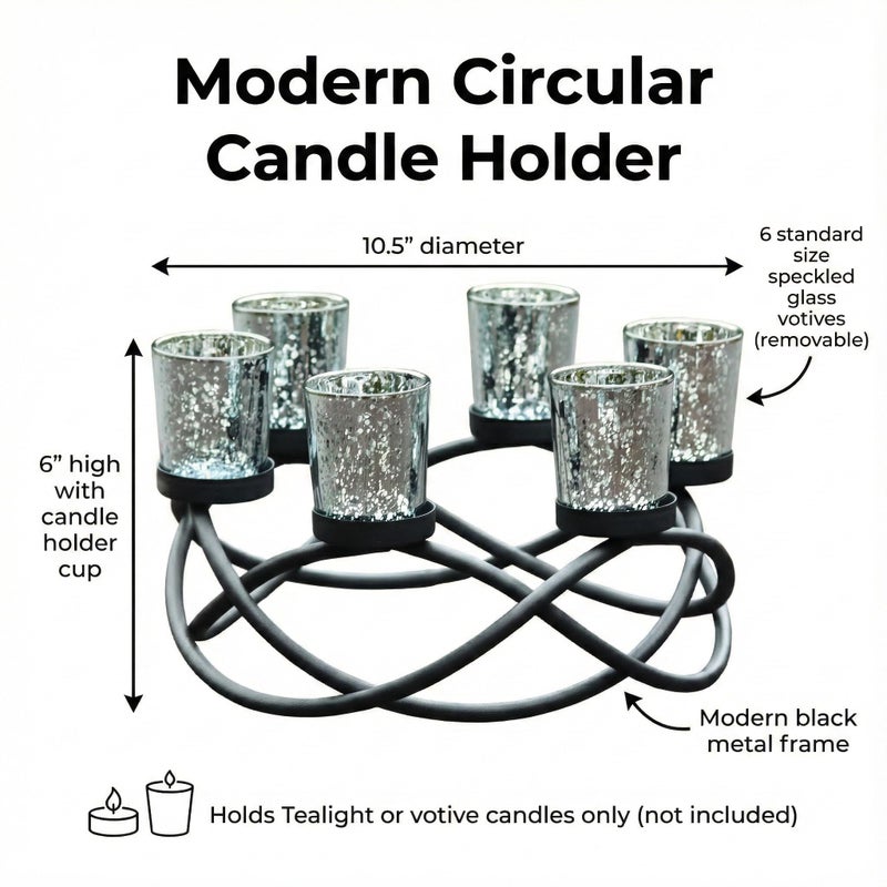 Seraphic Iron Round Table Decor Christmas Centerpiece Decorations Candle Holder for Weddings, Outdoor Patio, Dining Room, and Coffee Tables, Glass Votive Tealight Holders, Black, 6 Silver Cups - Image 5