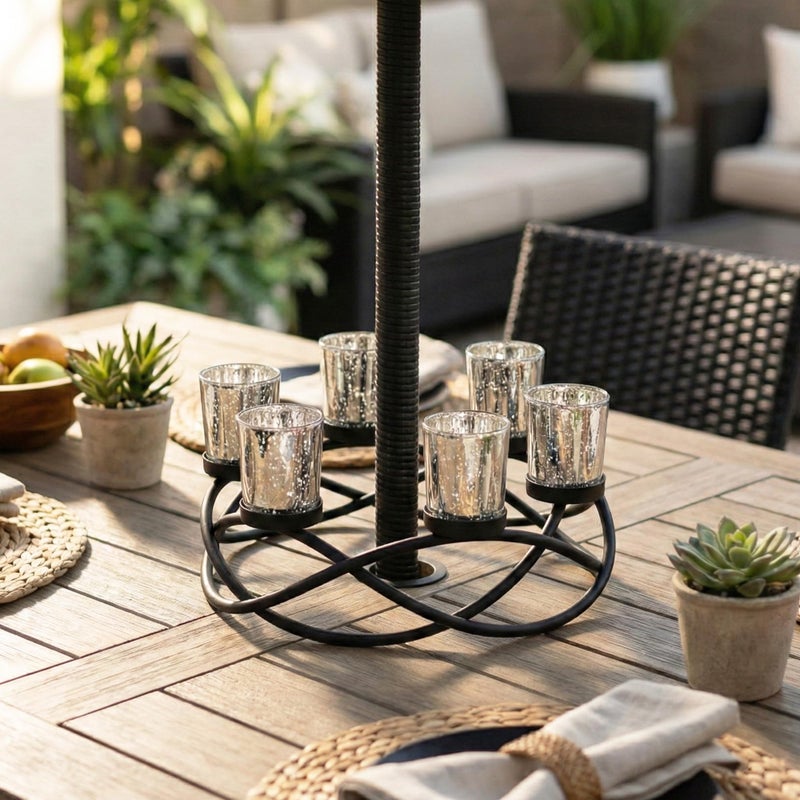 Seraphic Iron Round Table Decor Christmas Centerpiece Decorations Candle Holder for Weddings, Outdoor Patio, Dining Room, and Coffee Tables, Glass Votive Tealight Holders, Black, 6 Silver Cups - Image 3