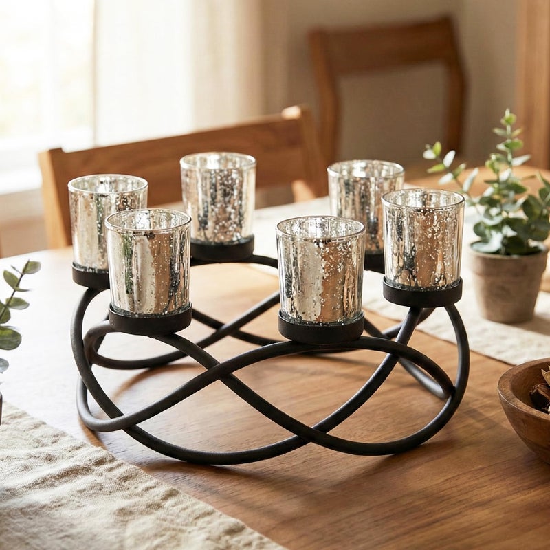 Seraphic Iron Round Table Decor Christmas Centerpiece Decorations Candle Holder for Weddings, Outdoor Patio, Dining Room, and Coffee Tables, Glass Votive Tealight Holders, Black, 6 Silver Cups - Image 1