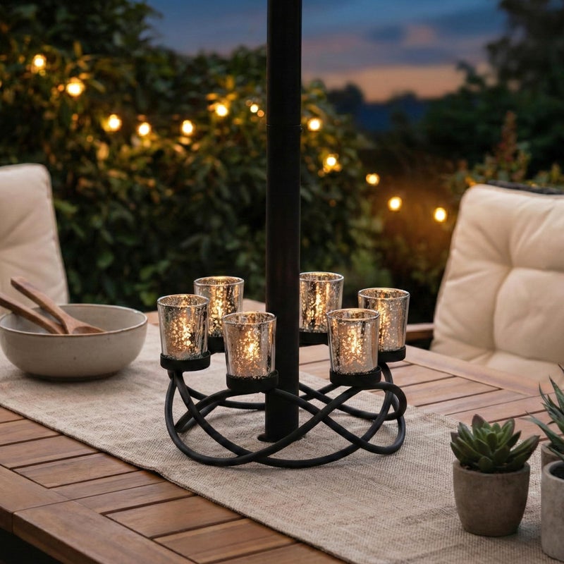 Seraphic Iron Round Table Decor Christmas Centerpiece Decorations Candle Holder for Weddings, Outdoor Patio, Dining Room, and Coffee Tables, Glass Votive Tealight Holders, Black, 6 Silver Cups - Image 4