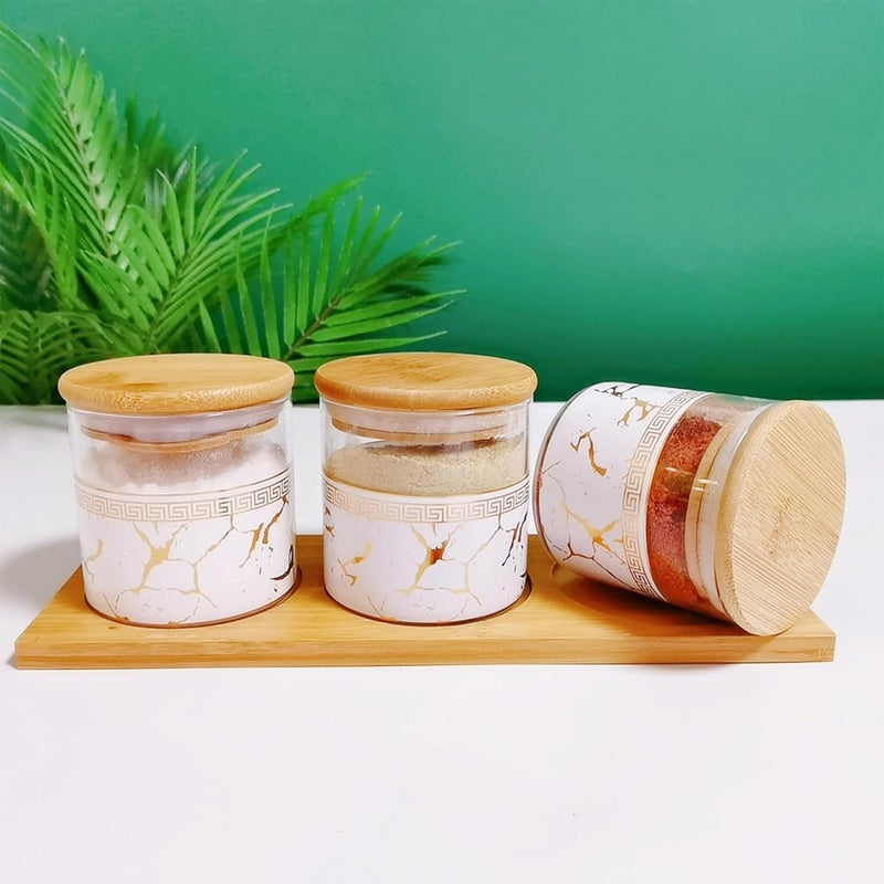 UMAI Pack of 3 Kitchen Organizer Borosilicate Jars with Bamboo Lid & Tray | 3 Pcs 850 ml | Glass Jars for Cookies, Spices, Snacks, Tea, Coffee, Sugar | BPA Free | White - Image 1