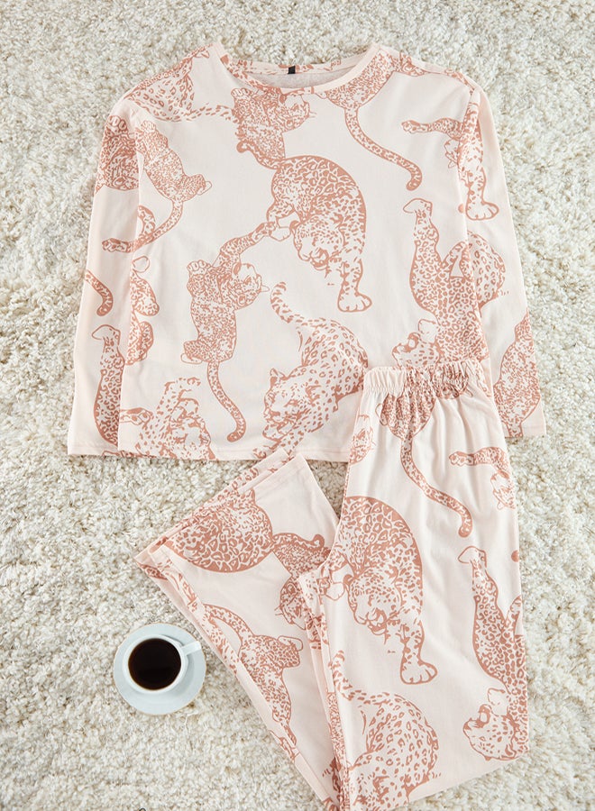 trendyol Powder 100% Cotton Tiger Pattern Knitted Pajamas Set