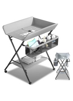 iMissiu Portable Changing Table, Waterproof Changing Table with Wheels, Adjustable Height Foldable Changing Station with Safety Belt and Large Storage Shelves for Newborns and Infants  - Image 1