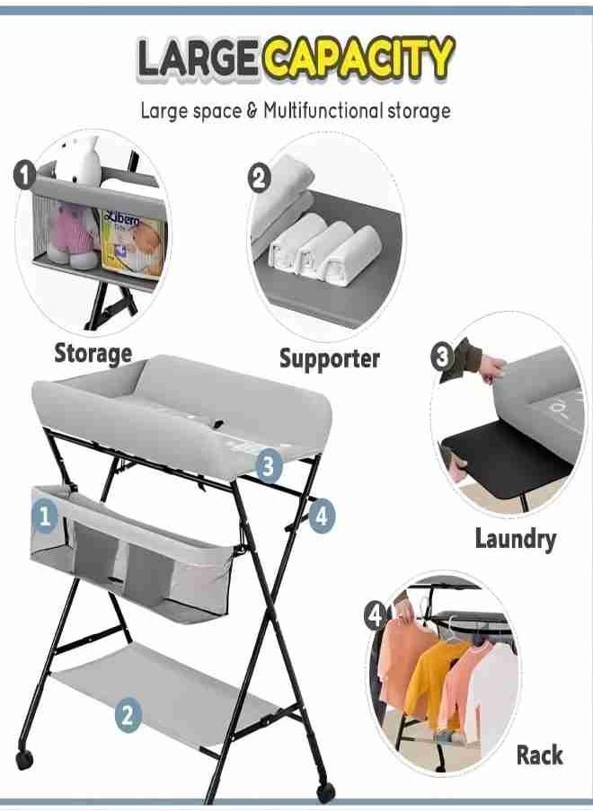 iMissiu - Portable Changing Table, Waterproof Changing Table with Wheels, Adjustable Height Foldable Changing Station with Safety Belt and Large Storage Shelves for Newborns and Infants - Image 1