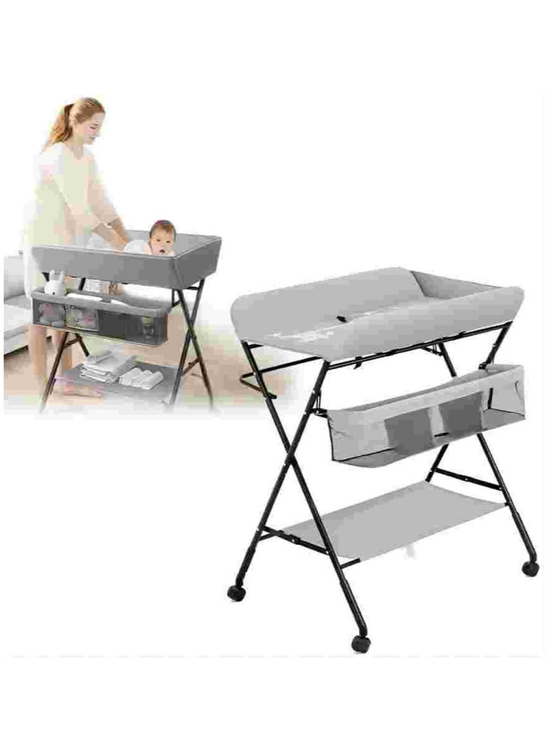 iMissiu - Portable Changing Table, Waterproof Changing Table with Wheels, Adjustable Height Foldable Changing Station with Safety Belt and Large Storage Shelves for Newborns and Infants - Image 1