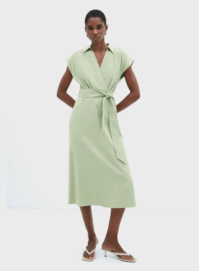 MANGO Belted Green Midi Dress