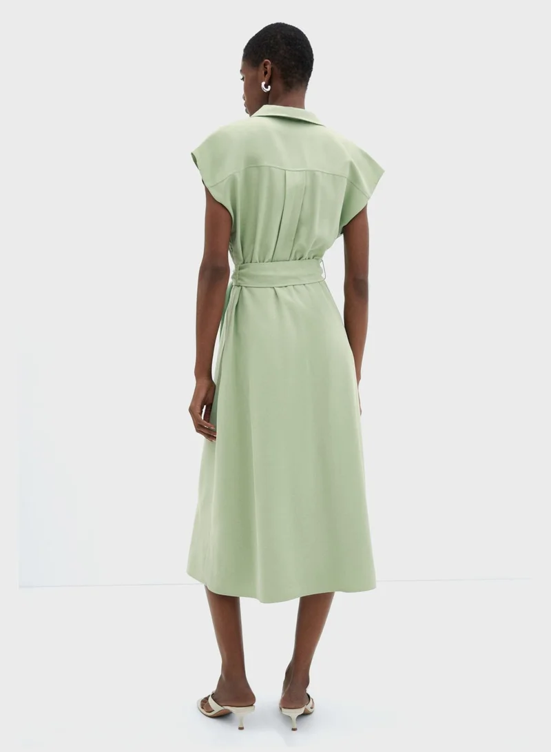 MANGO Belted Green Midi Dress