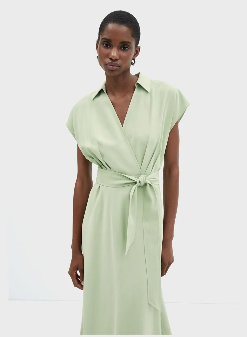 MANGO Belted Green Midi Dress