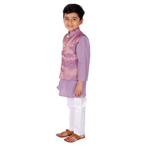 superminis Boy's Brocade & Cotton Floral Kurta With Golden Thread Work Nehru Jacket And Elastic Closure Pyjama Set (4-5 Years, Purple) - Image 4