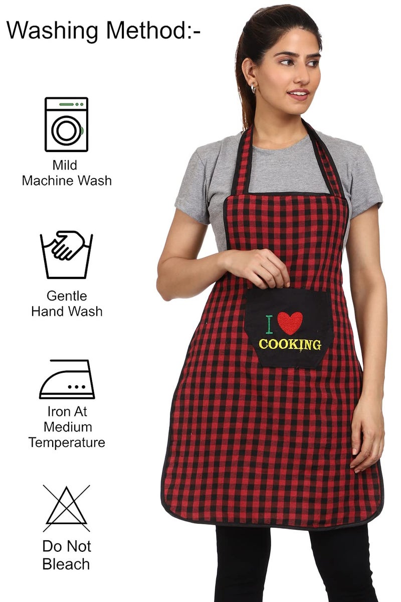 JMi Cotton Checkered Design Waterproof Apron with Multipurpose Front Large Embroidered Pocket Pack of 2 (RED MAROON) - Image 2