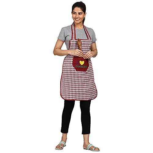 JMi Cotton Checkered Design Waterproof Apron with Multipurpose Front Large Embroidered Pocket Pack of 2 (RED MAROON) - Image 4