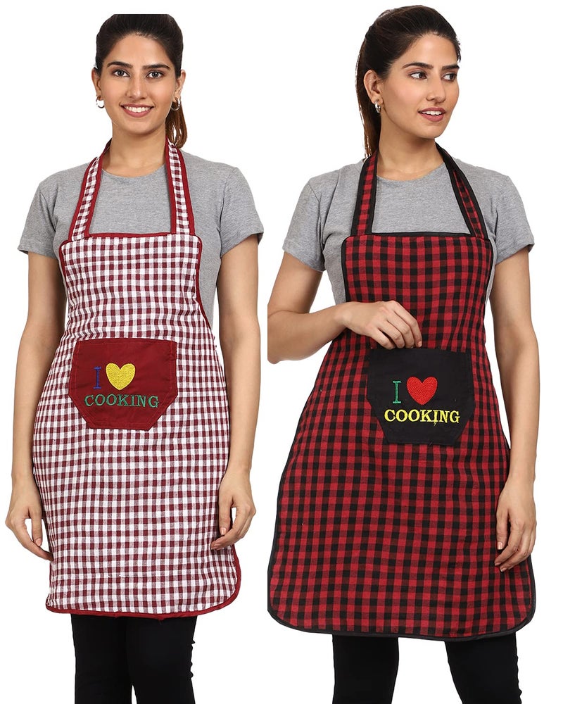 JMi Cotton Checkered Design Waterproof Apron with Multipurpose Front Large Embroidered Pocket Pack of 2 (RED MAROON) - Image 1