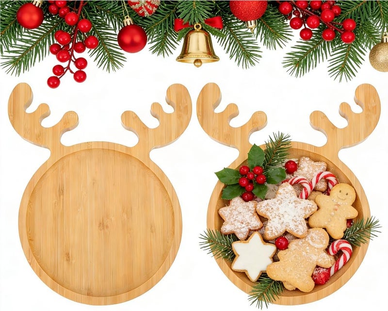 JOINPAYA 2Pcs Christmas Wood Serving Tray: 10.2x8.6Inch Round Food Dish Platter with Antler, Reindeer Christmas Decor Tray for Xmas Snack Dessert Fruit - Image 1
