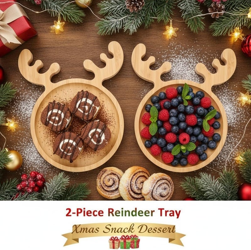 JOINPAYA 2Pcs Christmas Wood Serving Tray: 10.2x8.6Inch Round Food Dish Platter with Antler, Reindeer Christmas Decor Tray for Xmas Snack Dessert Fruit - Image 2