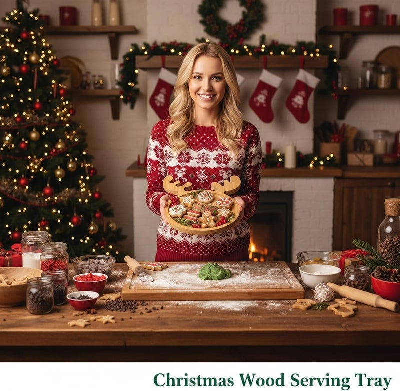 JOINPAYA 2Pcs Christmas Wood Serving Tray: 10.2x8.6Inch Round Food Dish Platter with Antler, Reindeer Christmas Decor Tray for Xmas Snack Dessert Fruit - Image 3